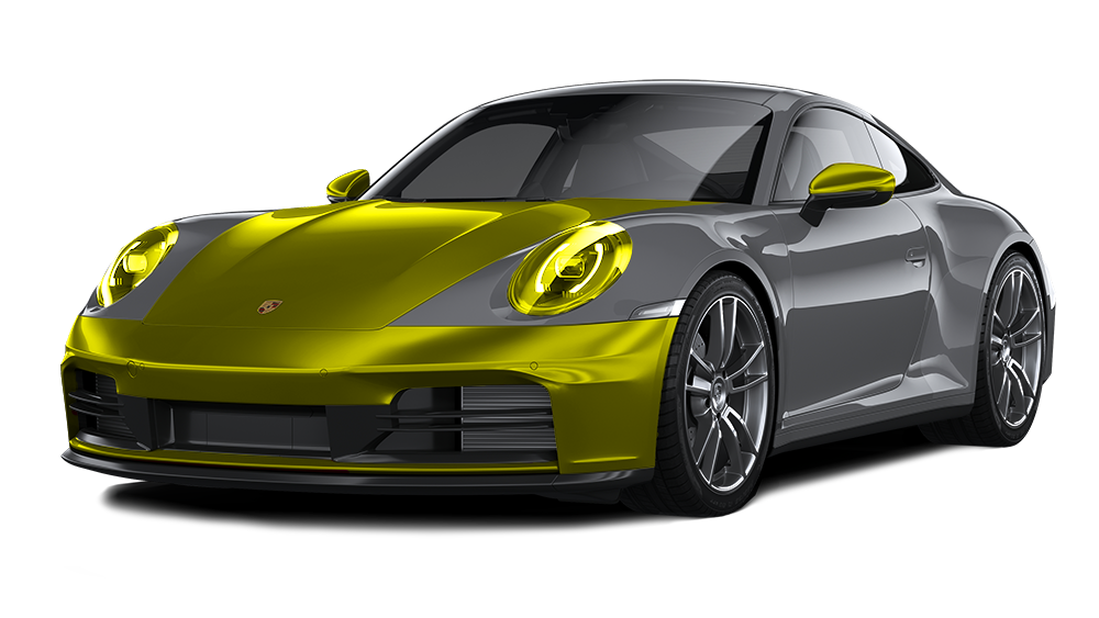 Gray Porsche 911 sports car with yellow hood, front fenders, and mirrors on a white background.