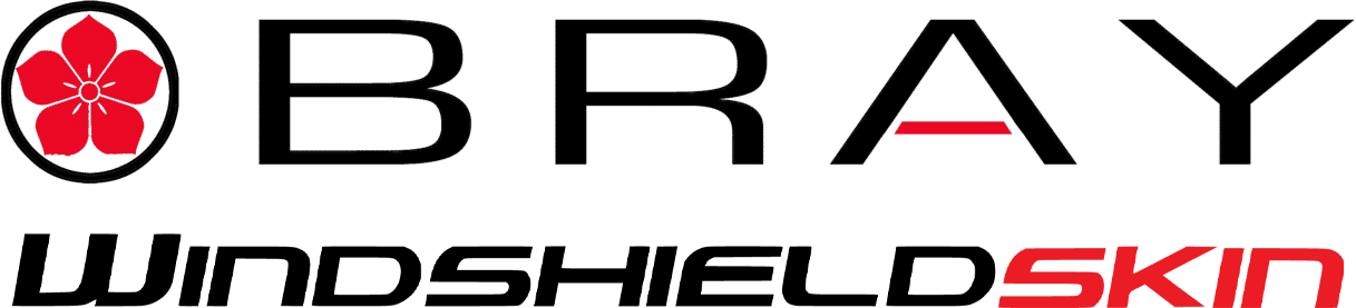 A logo for bray windshieldskin with a red flower in the middle.