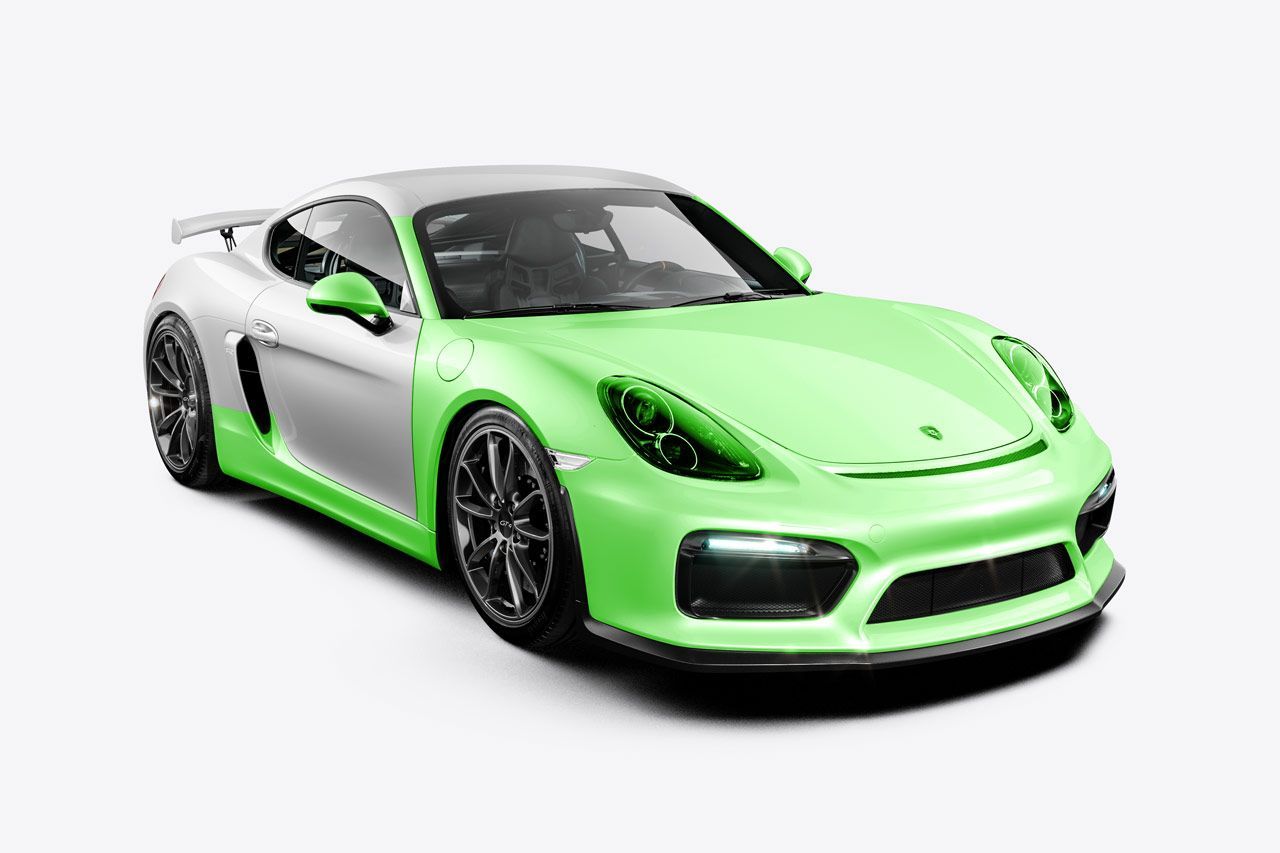 Green and silver Porsche sports car on a white background.