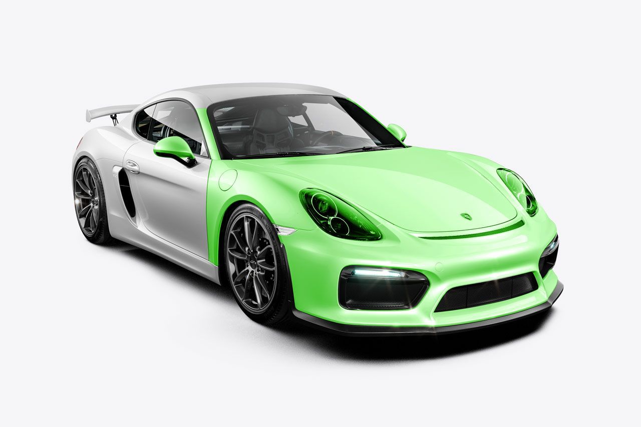 Silver sports car with green front panels.