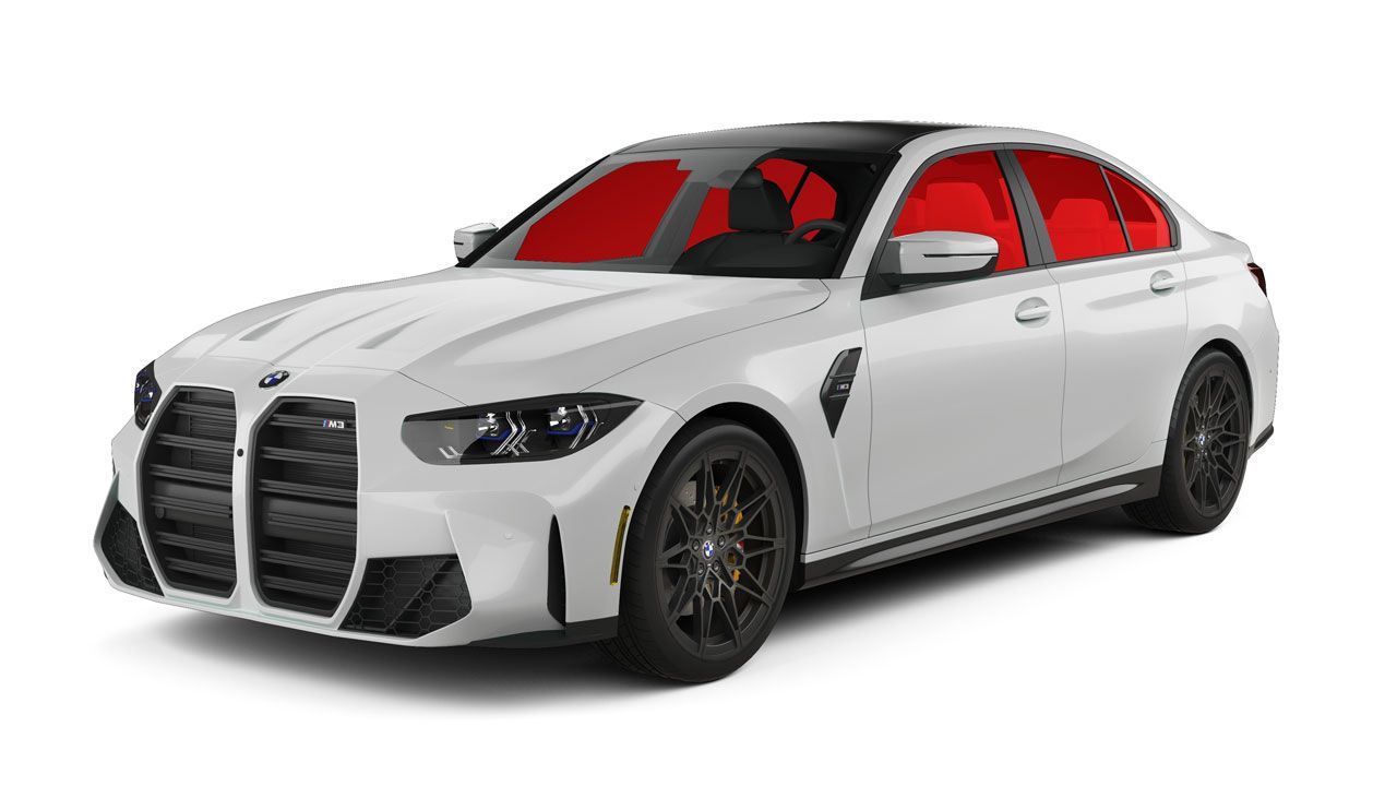 White BMW sedan, red-tinted windows, black rims, parked outdoors.