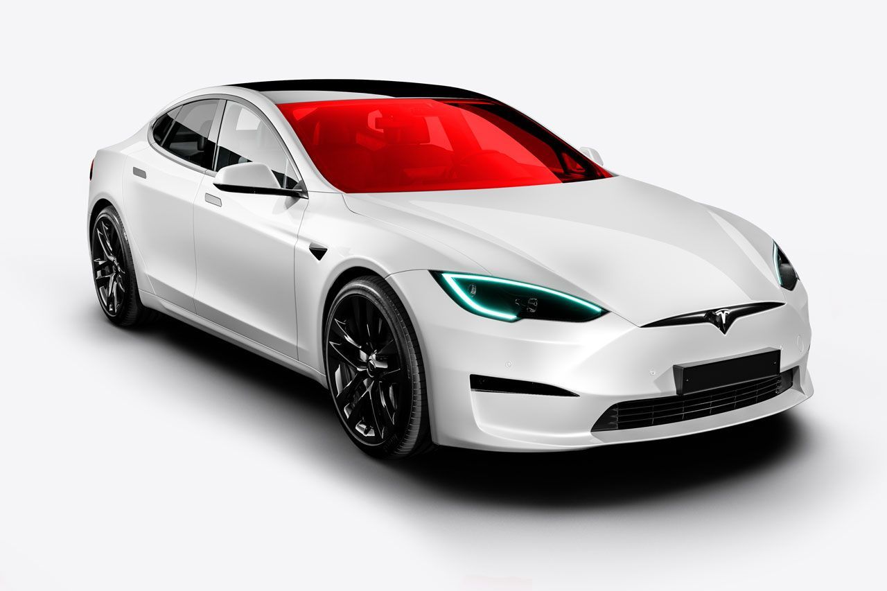 White Tesla sedan with black wheels, red tinted windows, against a white background.