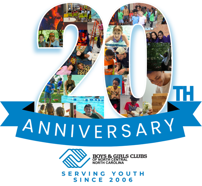 20th anniversary banner with photo collage and blue ribbon, plus Boys & Girls Clubs logo and “Serving Youth Since 2006” text