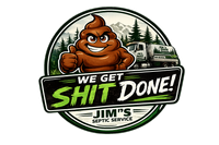Cartoon poop mascot thumbs-up beside text: “We Get Shit Done!” for Jim’s Septic Service