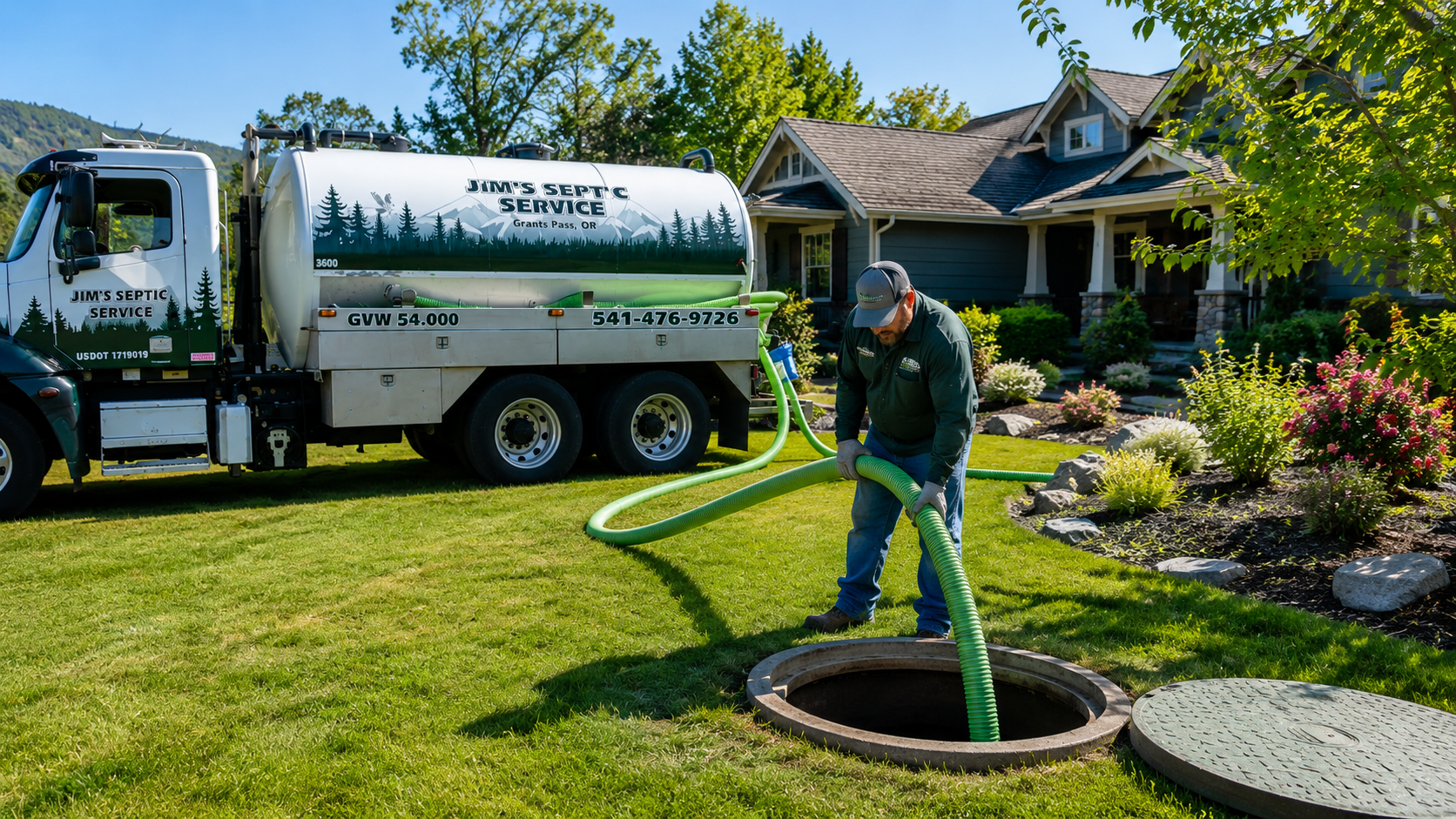 Black hose or pipe on pavement in front of a blue truck, with a worker blurred in the background