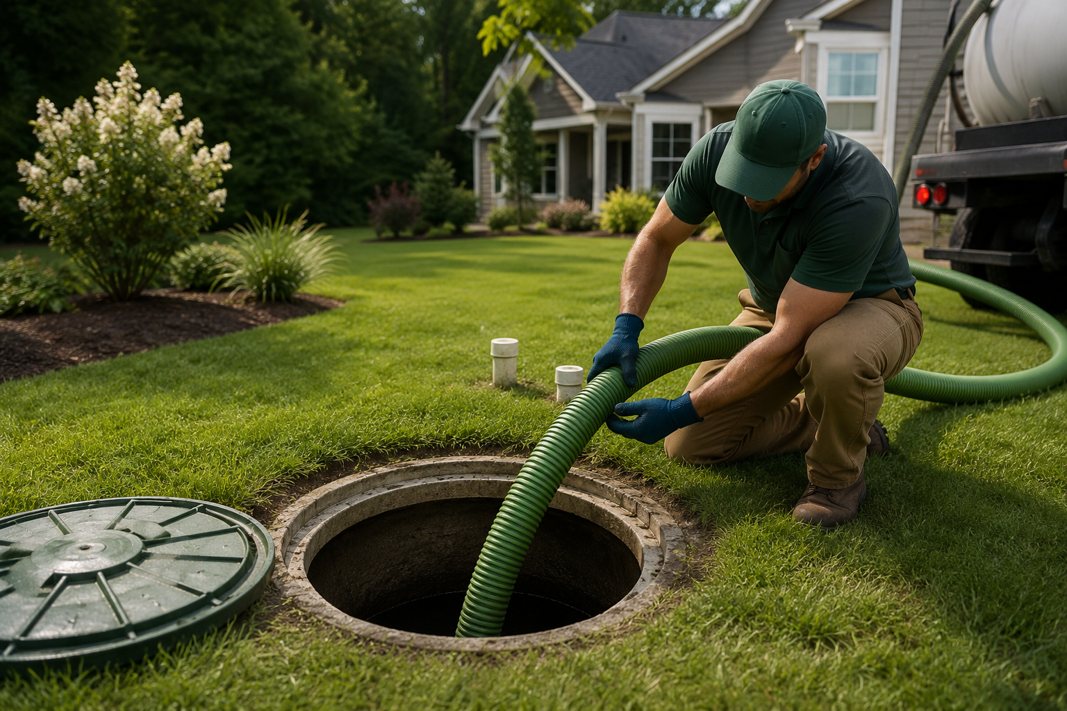 Open manhole with a utility pole and workers’ blue boots on a paved street