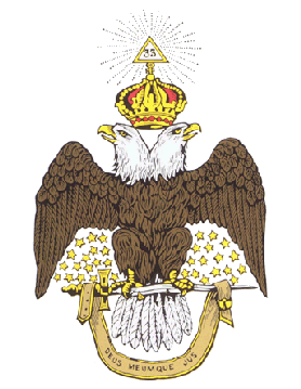 Double-headed eagle with a crown, holding a sword and banner with 