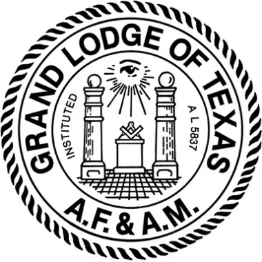 Seal of the Grand Lodge of Texas A.F. & A.M. with eye, columns, and text in a circular border.