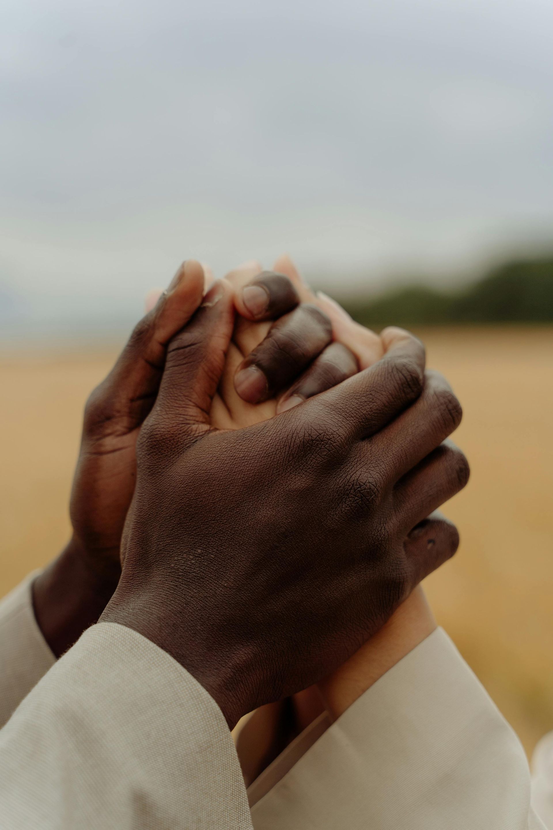 Two hands of different skin tones clasped together. Over an outdoor setting with a blurred wheat field.