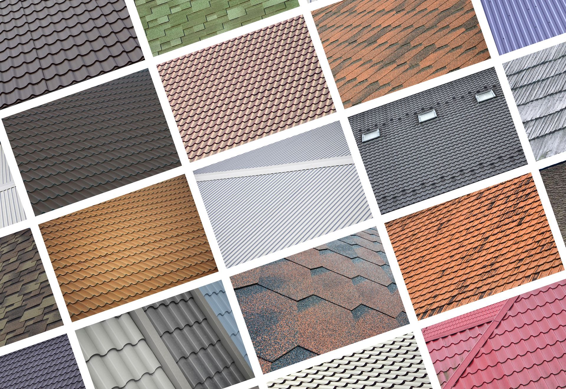 Collage of assorted roof shingles and tiles in gray, brown, orange, pink, and green patterns