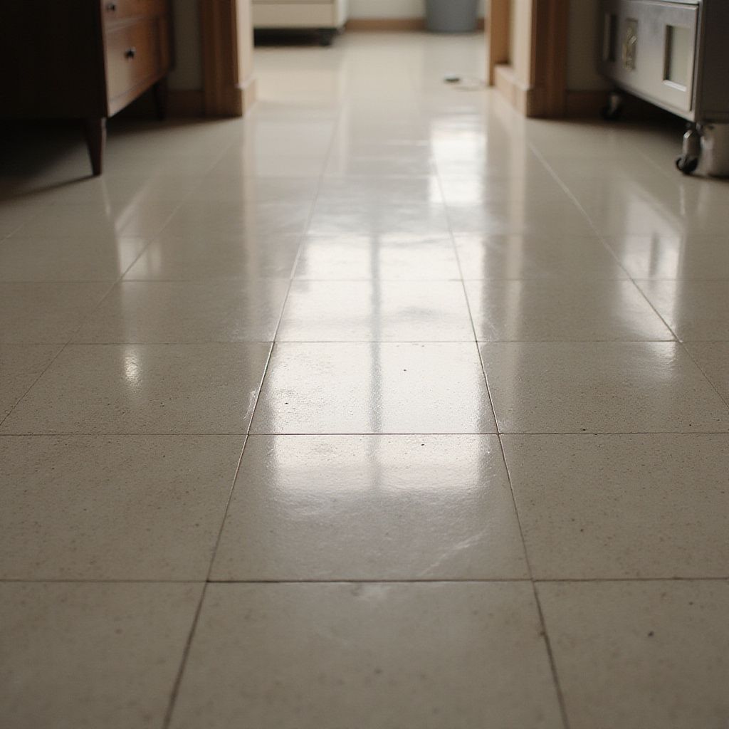 Shiny, light-colored square floor tiles in a hallway, reflecting light from a doorway at the far end.
