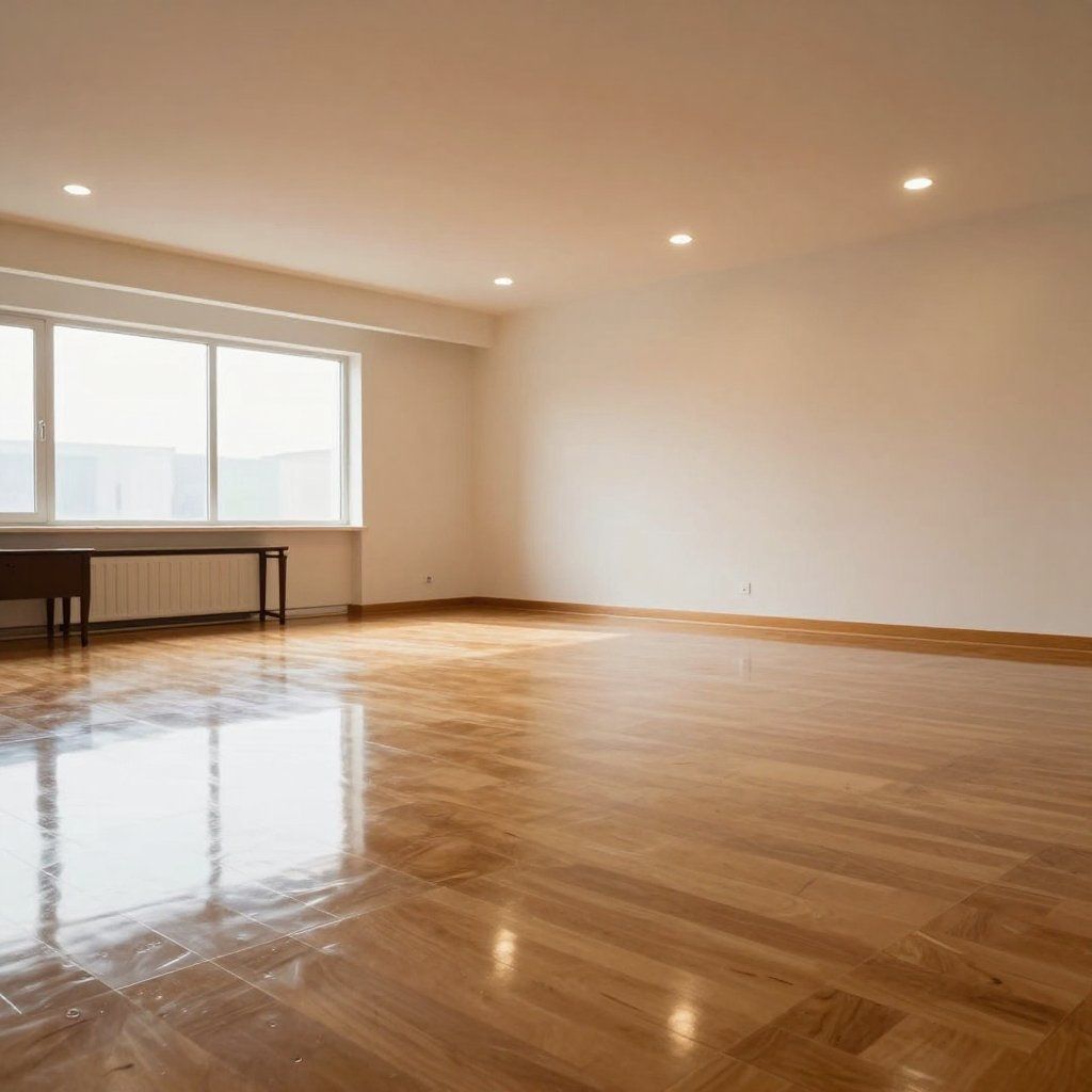 A bright, empty room with light wood flooring, white walls, recessed ceiling lights, and a window with a built-in shelf.
