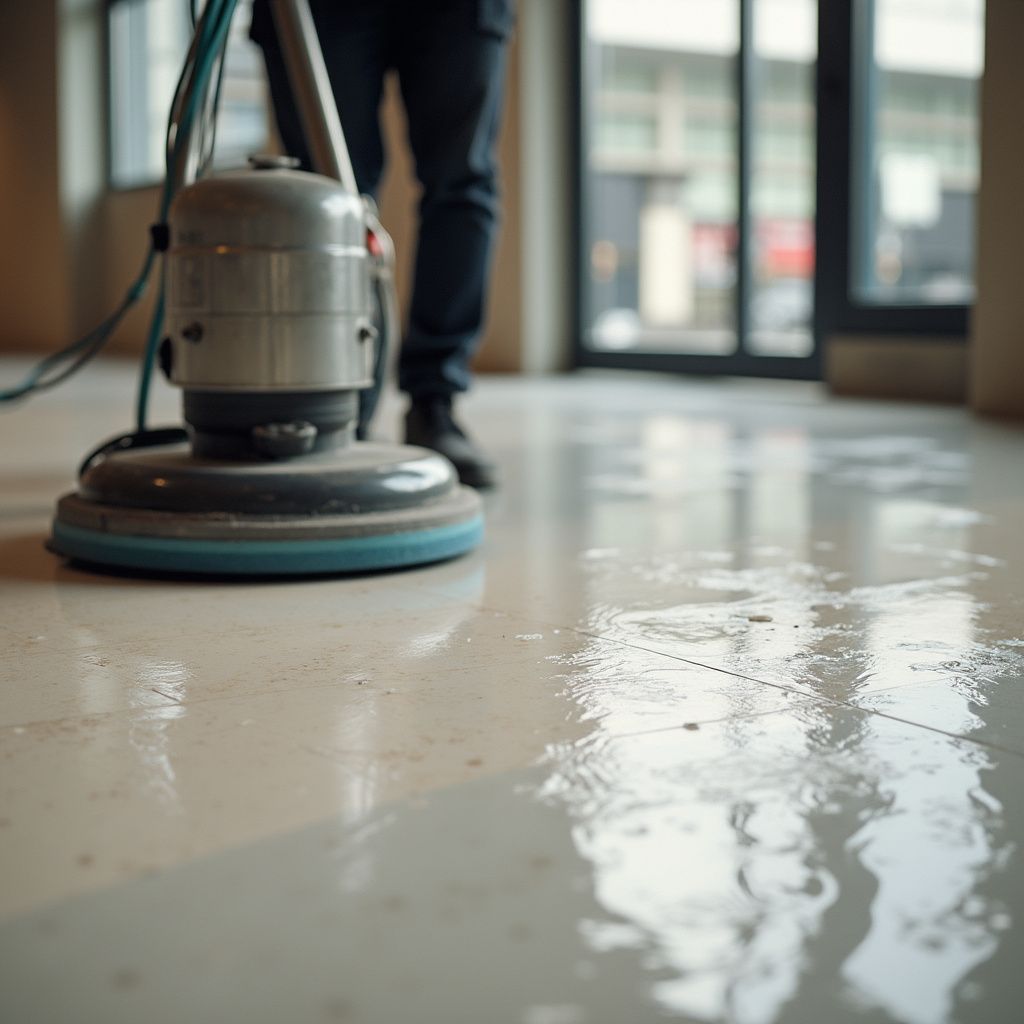A worker uses an industrial floor scrubber in a room, showing a contrast between the dirty and cleaned floor surfaces.