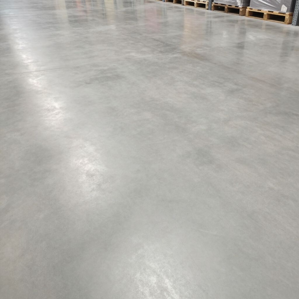 A polished, smooth concrete floor in a warehouse with wooden shipping pallets stacked in the background.