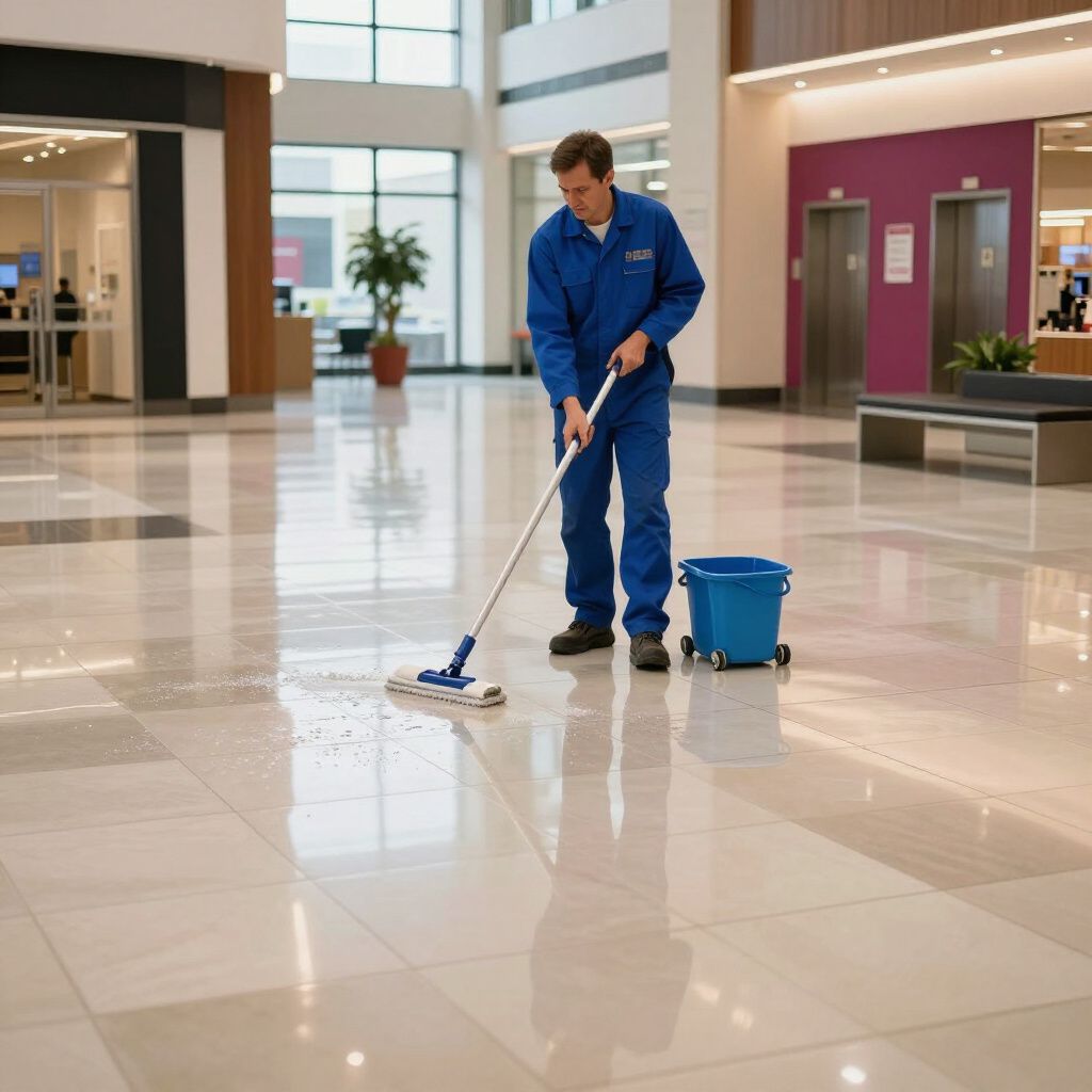 A cleaner in a blue uniform mops a shiny, tiled floor in a brightly lit, modern office lobby.