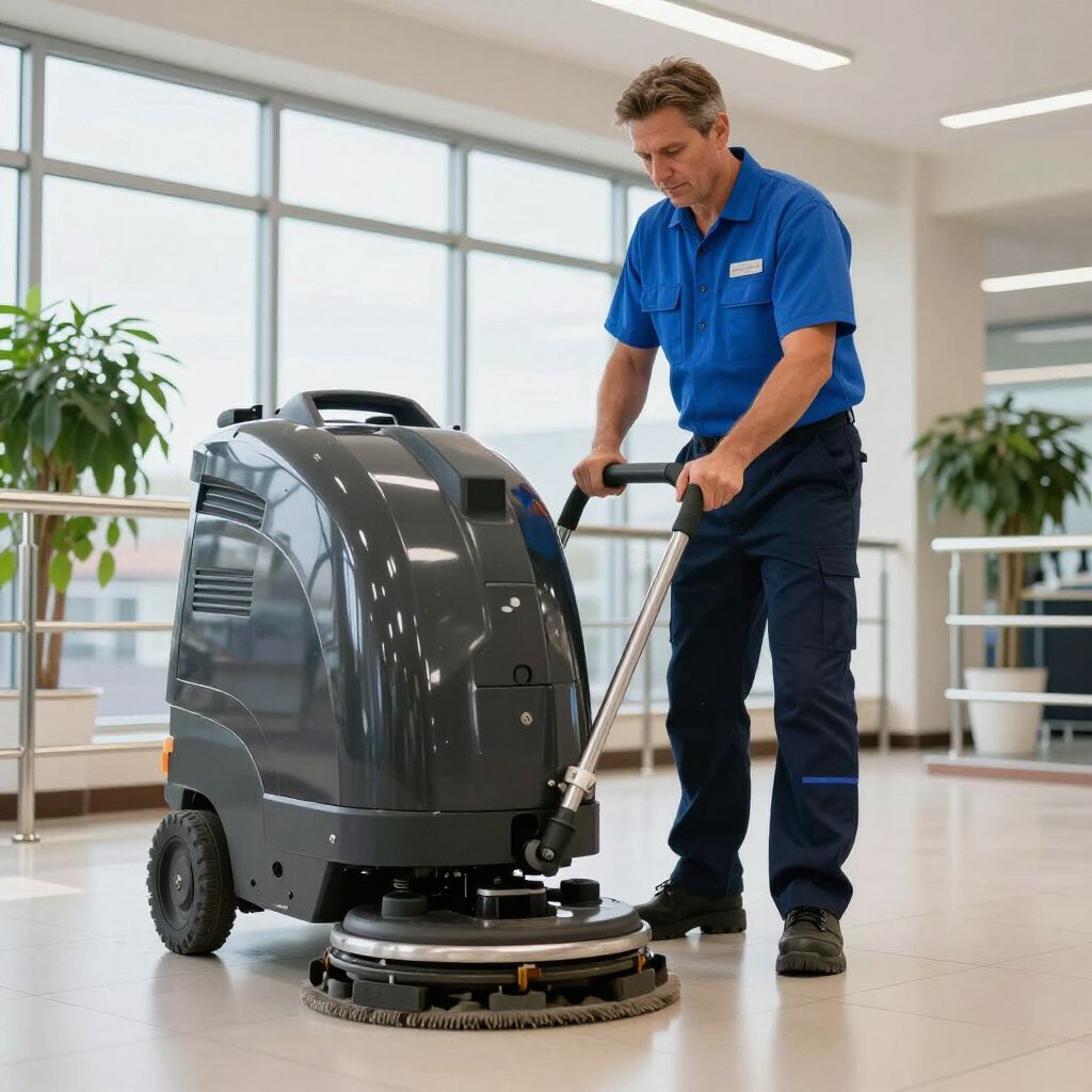 A professional cleaner in a blue uniform operates a grey floor scrubbing machine in a brightly lit office building.