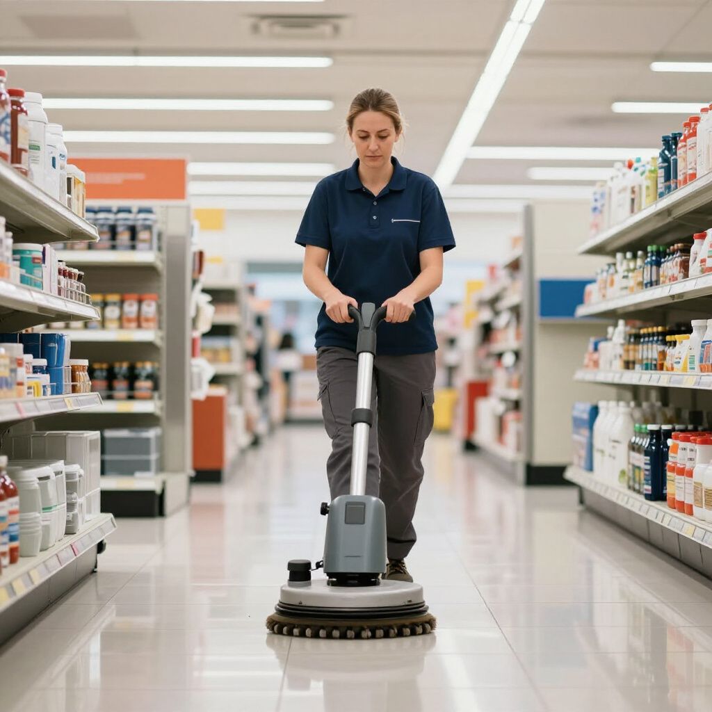 A person in a dark blue polo and grey pants uses a floor scrubber in a brightly lit aisle of a store with shelves.