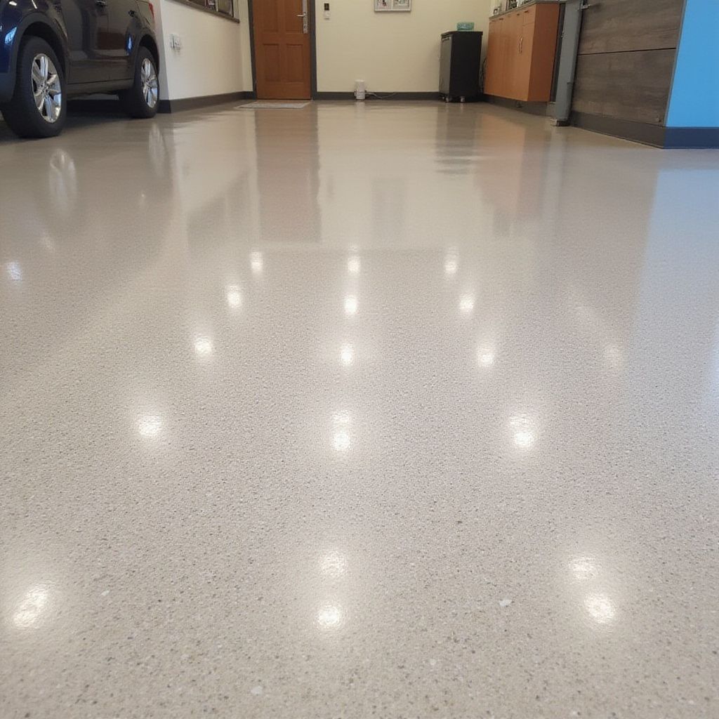 A glossy, light gray speckled epoxy garage floor reflecting overhead lights, with a partial view of a car and a doorway.