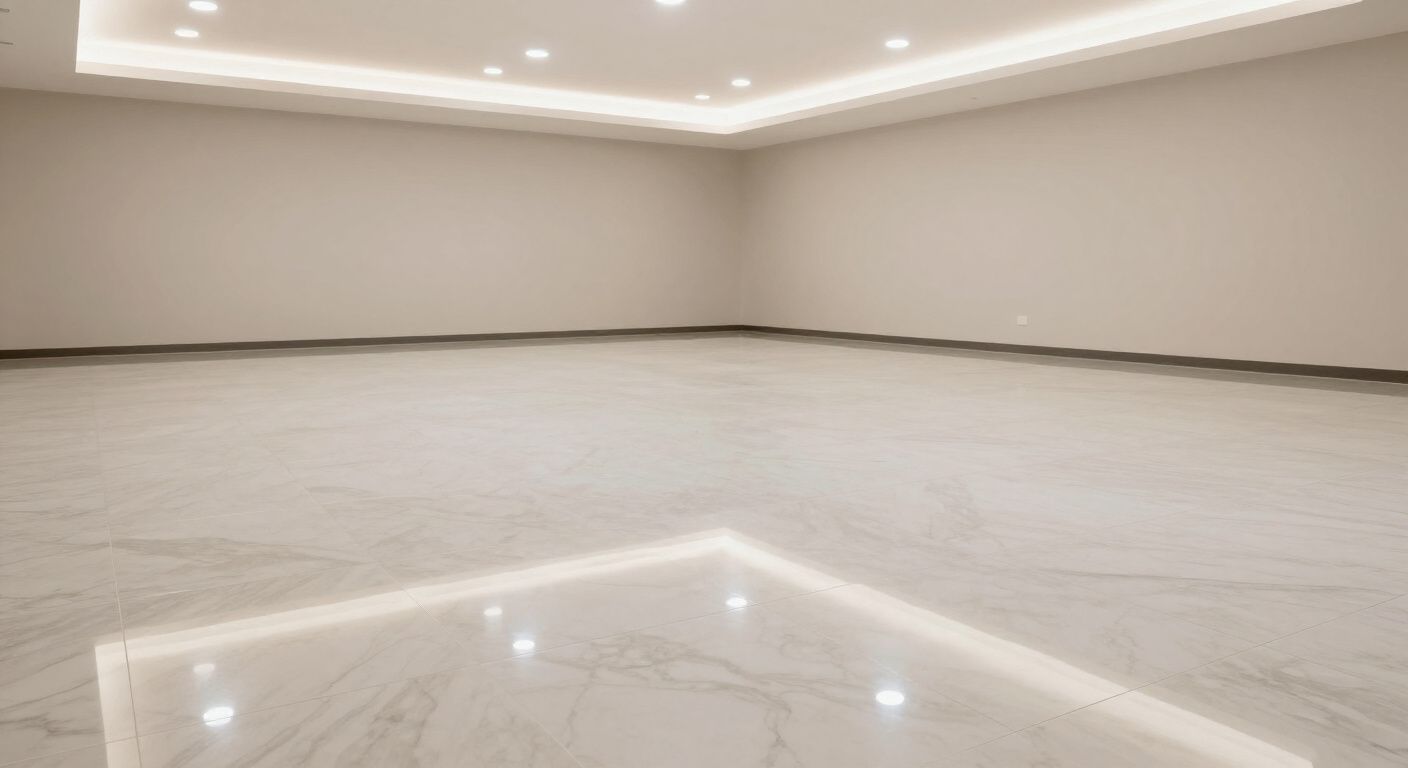 An empty, modern room with light-colored walls and a highly polished, reflective stone floor under recessed lighting.