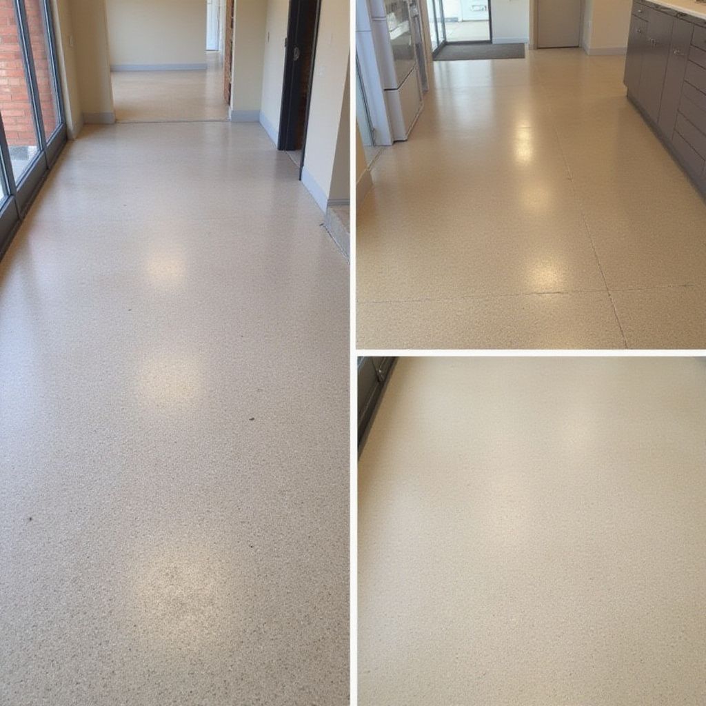 A collage of three interior shots showing beige, speckled terrazzo flooring in a clean, brightly lit space.