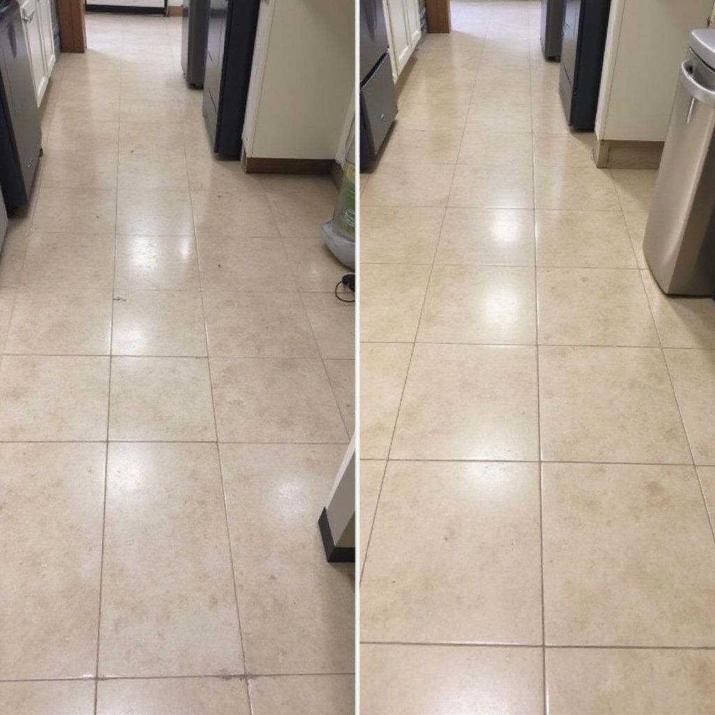 A split-screen comparison of a tiled kitchen floor before and after professional deep cleaning.