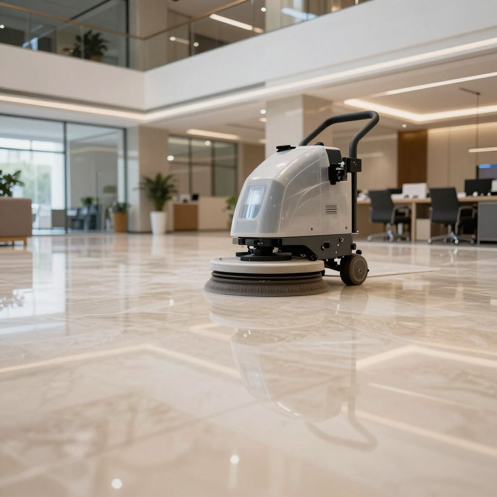 A white commercial floor scrubber machine sits on a polished marble floor in a modern, brightly lit office lobby.