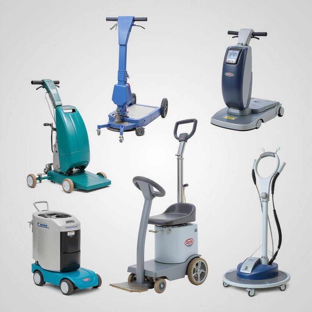 Six various industrial floor cleaning machines, including scrubbers and buffers, arranged against a plain gray background.