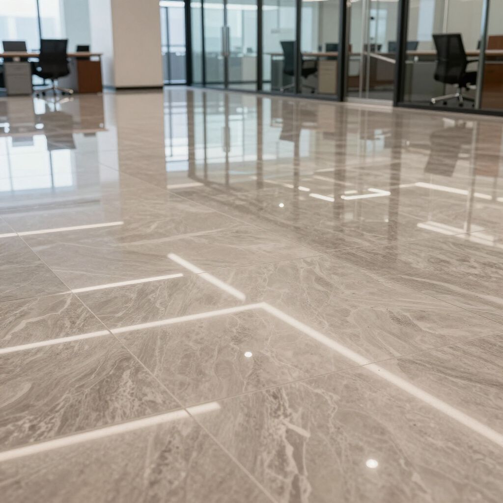 A polished, light gray marble floor in a modern office, reflecting overhead lighting and workspace furniture.