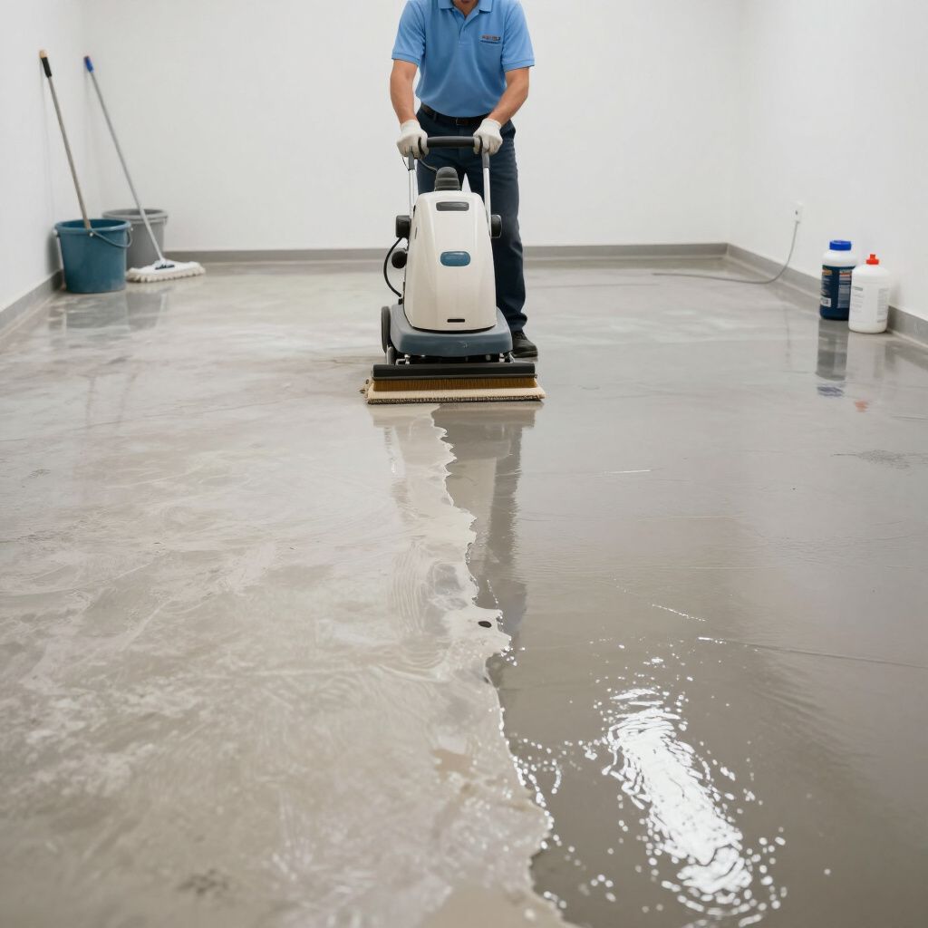 A person uses a floor buffer on a concrete surface, leaving a polished, clean strip behind on the floor.