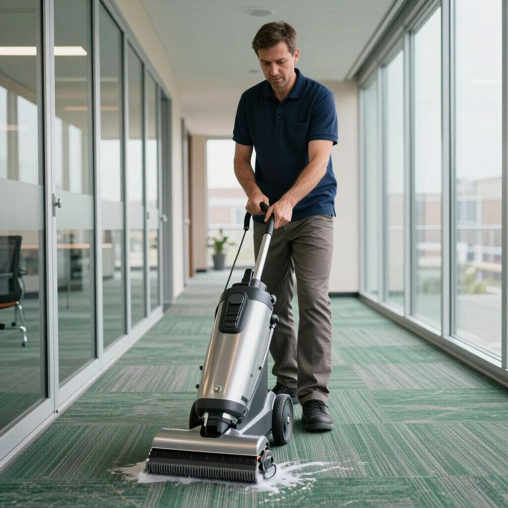 A professional cleaner operates a silver carpet cleaning machine in a sunlit office hallway with green patterned carpet.