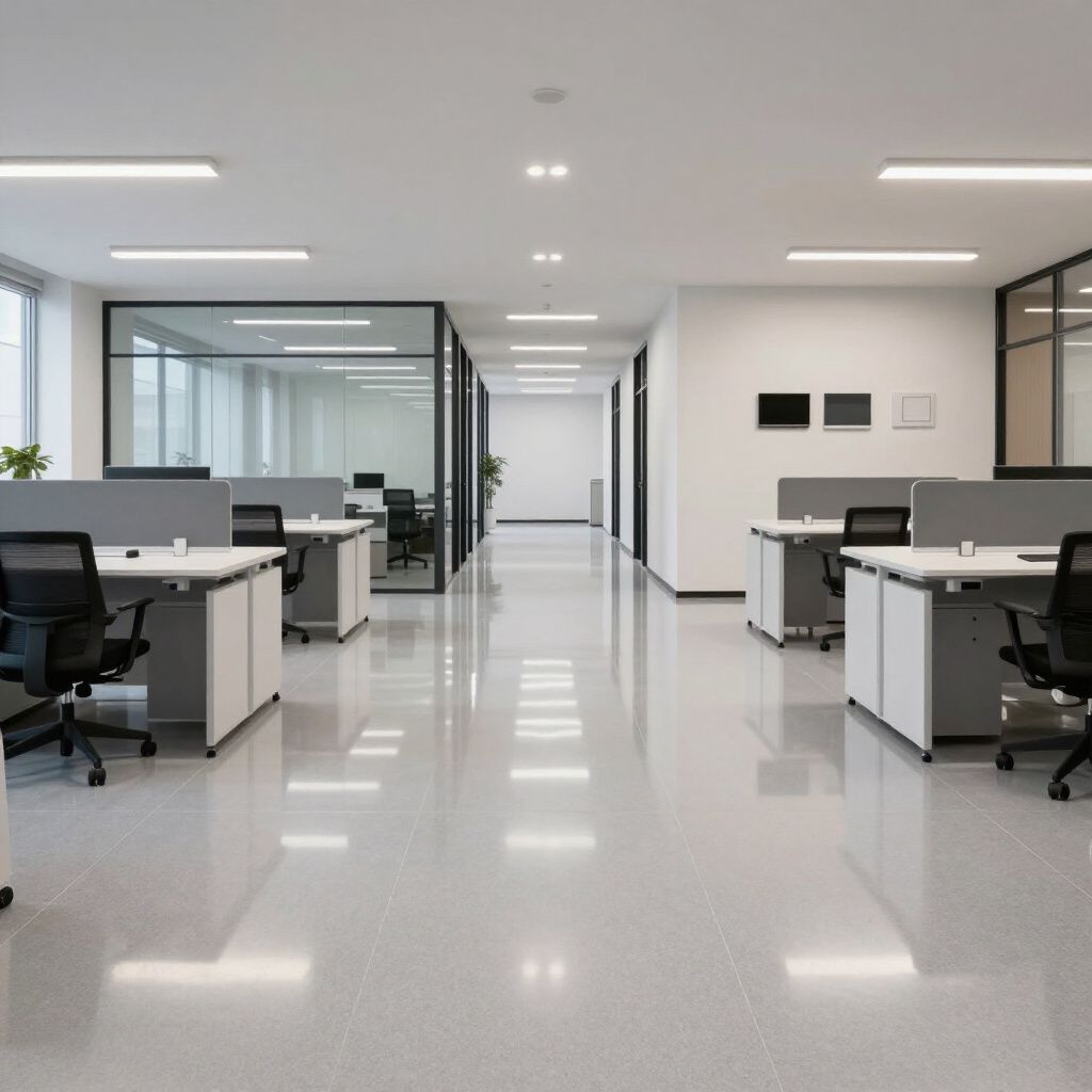 Modern, minimalist office space with white desks, grey dividers, and black office chairs on a shiny, reflective floor.