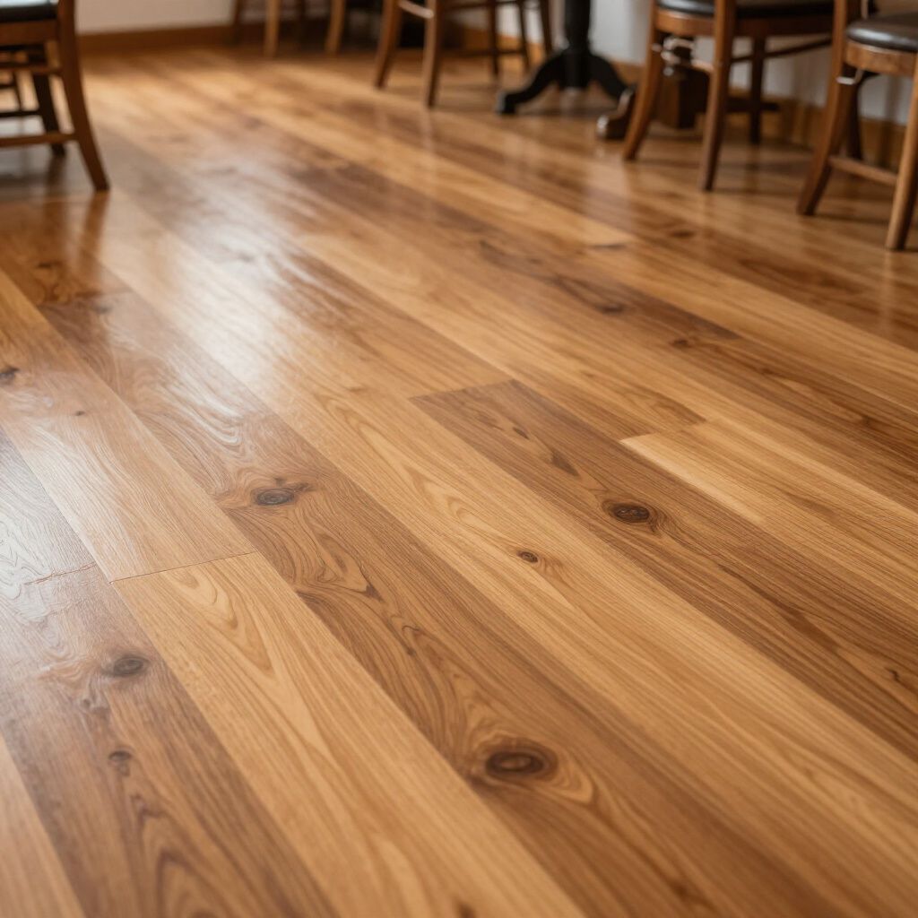 Polished, light brown hardwood flooring with visible wood grain and knots in a room with chair legs in the background.