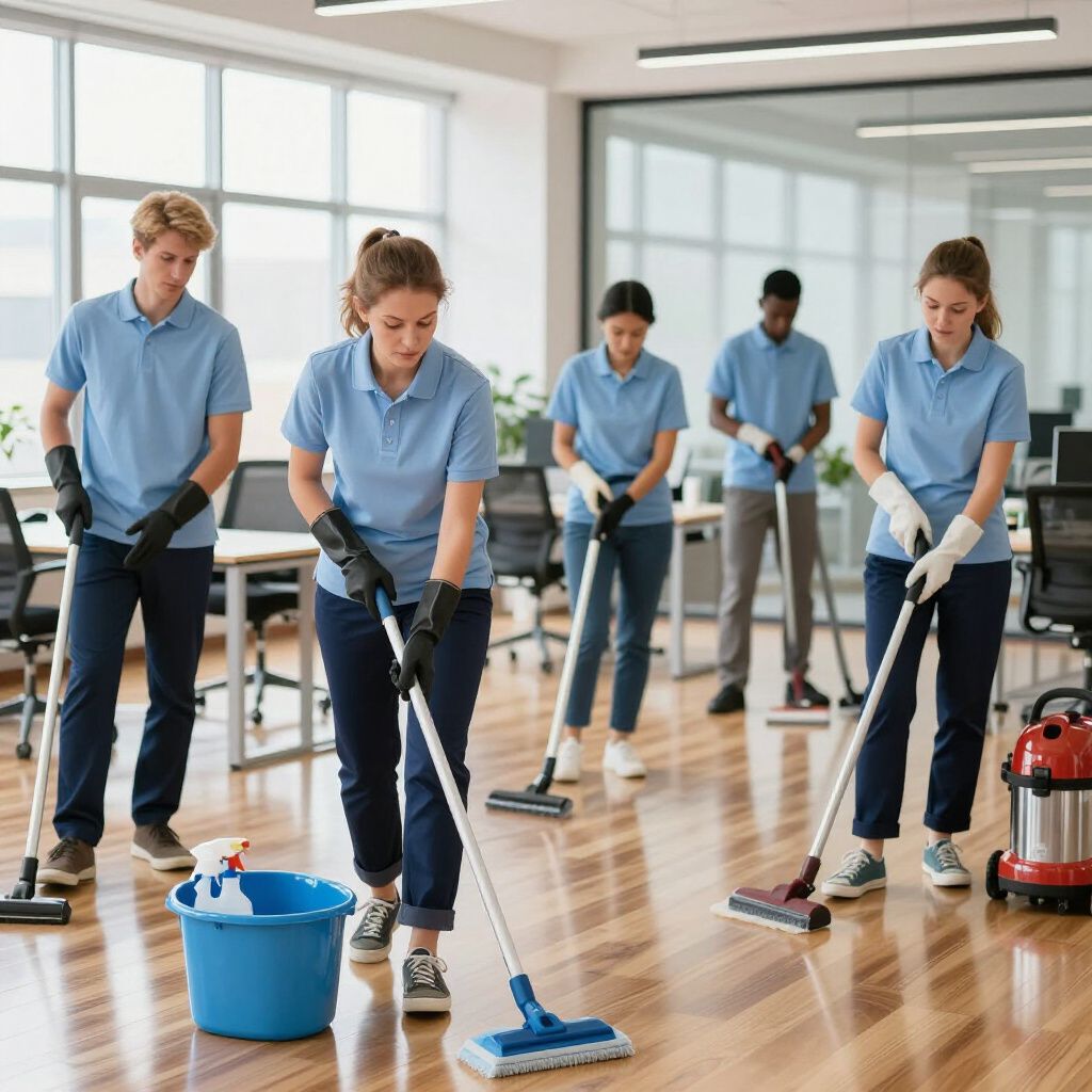 A team of four cleaning staff in blue uniforms use mops and a floor vacuum in a modern, sunlit office space.