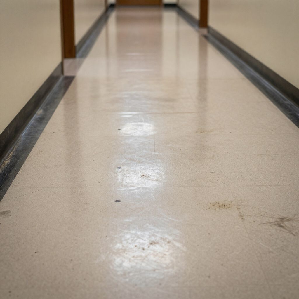 A long, narrow indoor hallway with light-colored flooring, beige walls, and dark baseboards leading to a closed door.