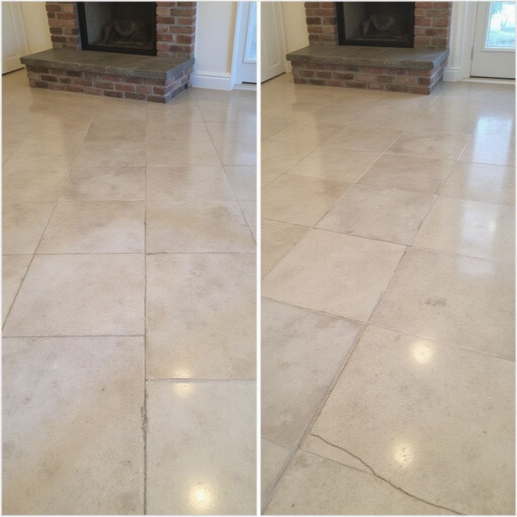 Before-and-after comparison of a stone floor showing a repaired crack near a brick fireplace hearth.