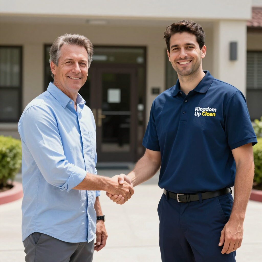 Two people standing outdoors, smiling and shaking hands, one wearing a blue polo shirt with 