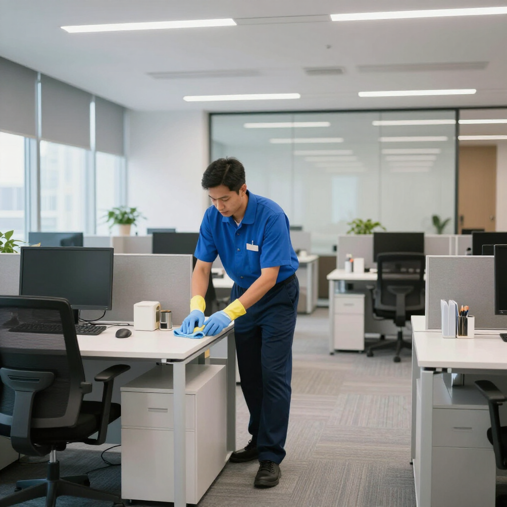 Four workers in blue uniforms tidy shelves and clean floors in a brightly lit grocery store aisle.