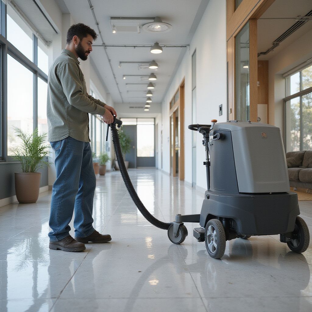 A person operates a gray commercial floor scrubber in a brightly lit office corridor.