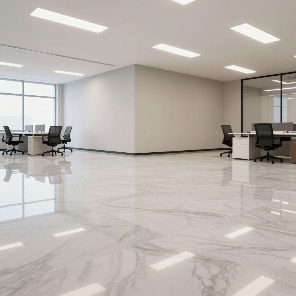 A bright, modern office with a polished marble floor, white walls, and empty workstations with black chairs.