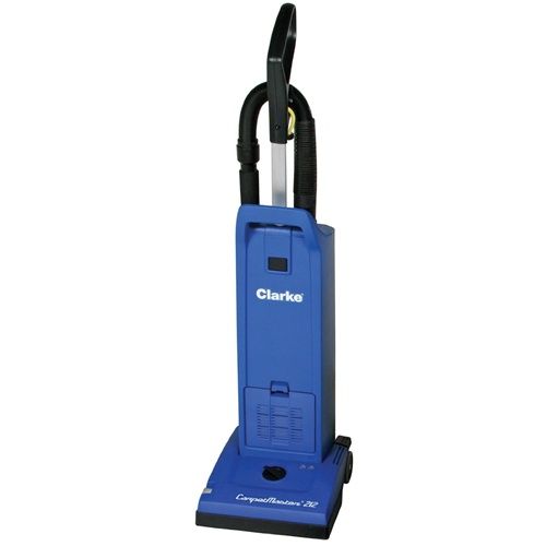 A blue Clarke upright vacuum cleaner standing against a white background.