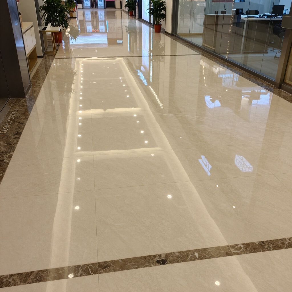 A polished, light-colored marble hallway with a central strip of brown marble tiles and reflective overhead lighting.