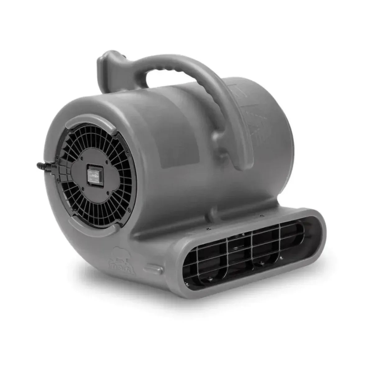 A gray, portable centrifugal air mover fan with a handle, sitting on a flat surface.