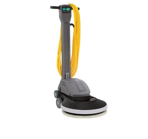 A gray electric floor polisher with a yellow cord standing upright against a white background.
