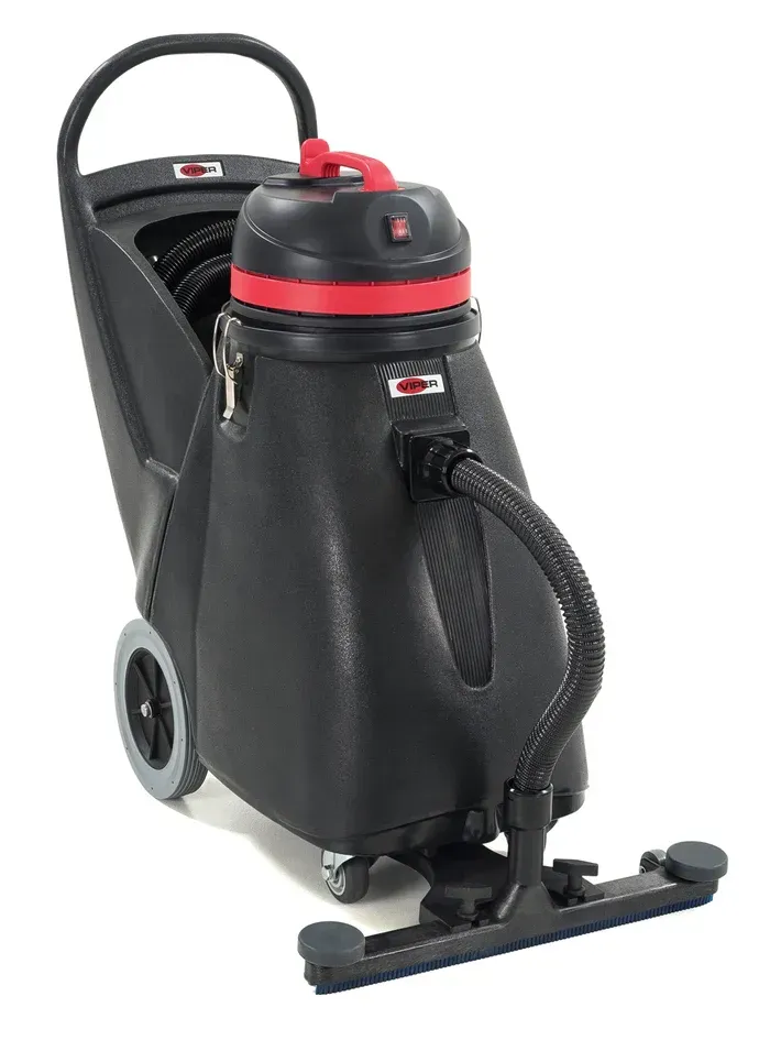 Black industrial wet-dry vacuum cleaner with a wide floor squeegee attachment, sitting on wheels against a white background.