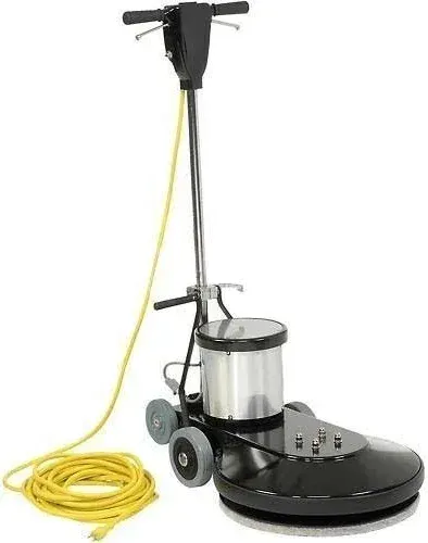 A commercial floor buffer with a black handle, a silver motor housing, and a yellow power cord on a white background.
