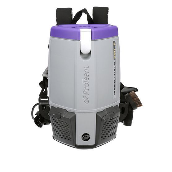 A gray and purple ProTeam Super CoachVac backpack vacuum cleaner on a white background.