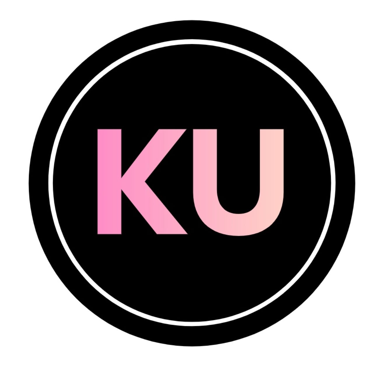 A black circle with a thin white border containing the pink letters