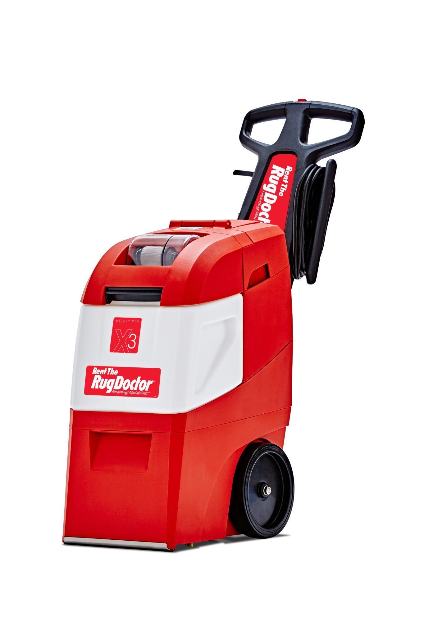 A red and white Rug Doctor carpet cleaning machine with a tall handle and wheels, shown against a white background.
