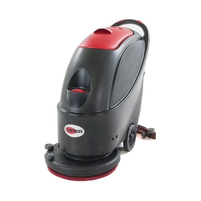 A black and red commercial floor scrubber with a round base and wheels, standing against a white background.