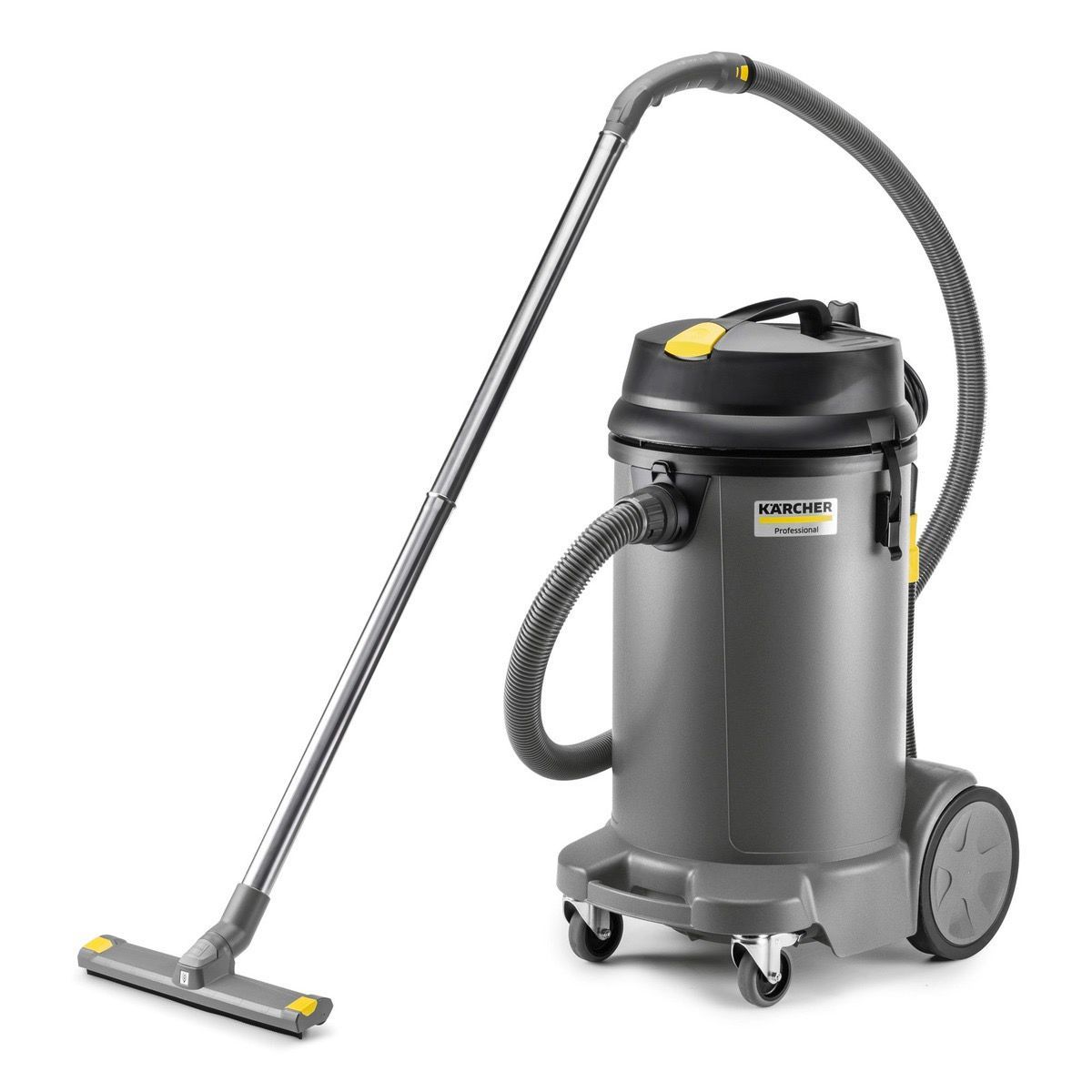 A grey commercial-style Kärcher wet/dry canister vacuum cleaner with a long hose and a floor nozzle attached.